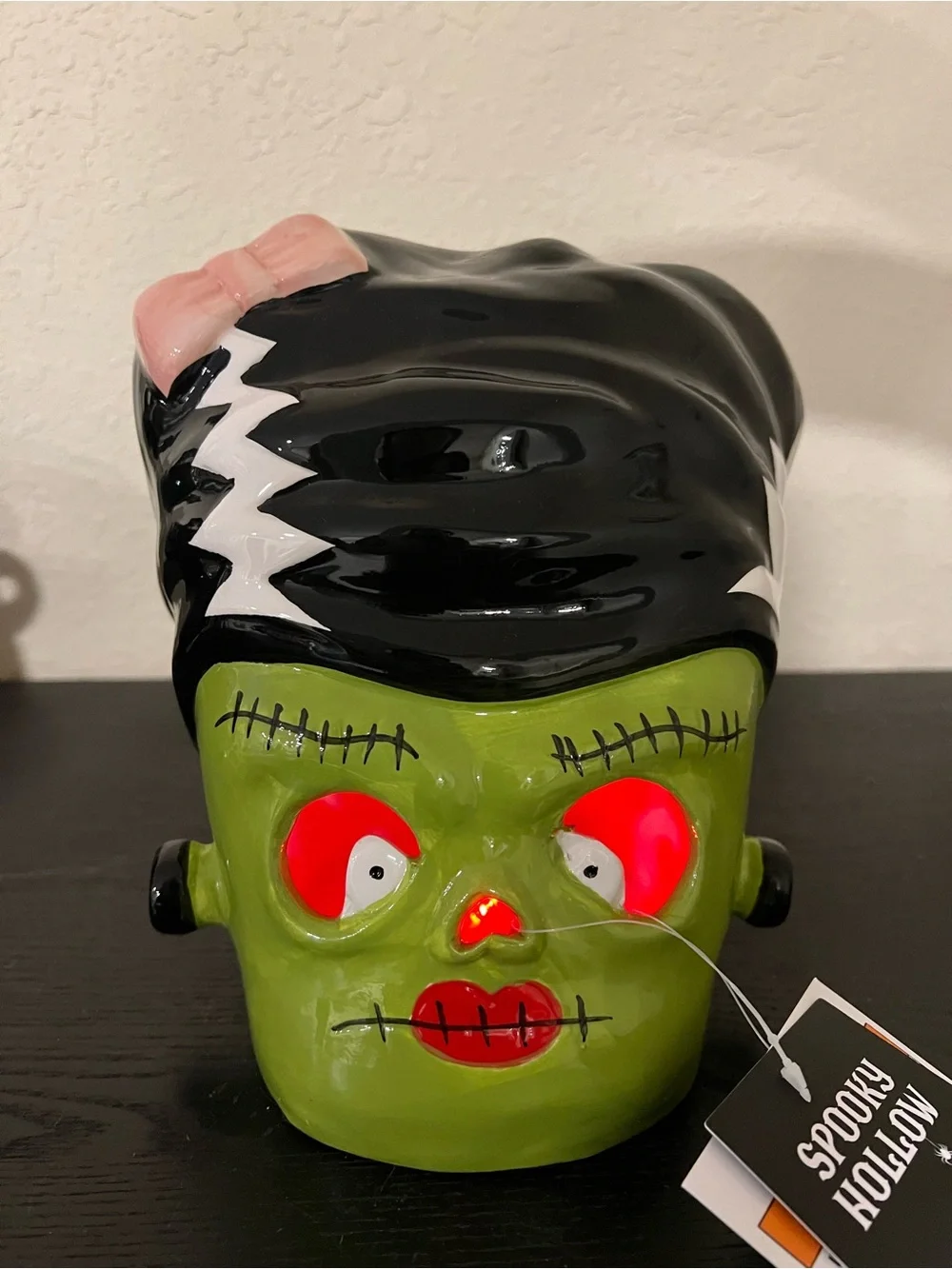 NEW 8” Spooky Hollow Ceramic Light Up Bride of Frankenstein Head Decor